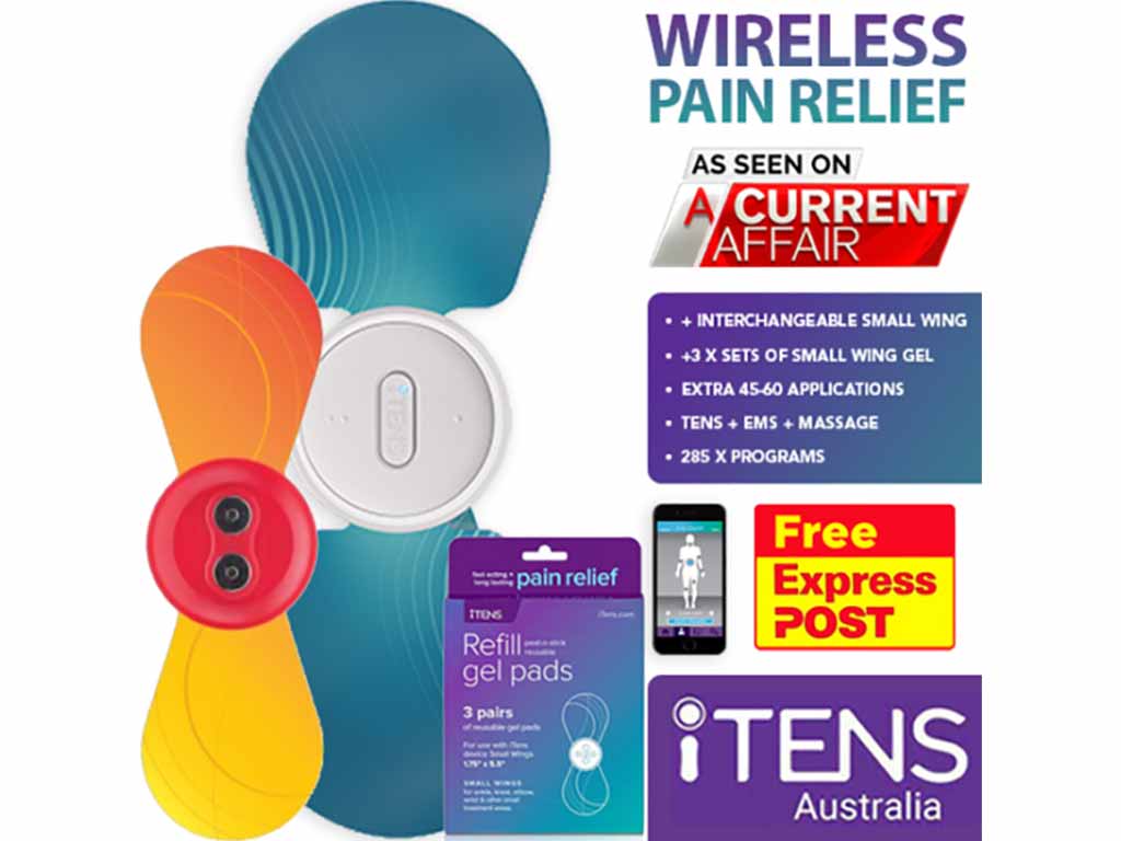 A wireless iTENS with large and small wings electrodes and refill gel pads