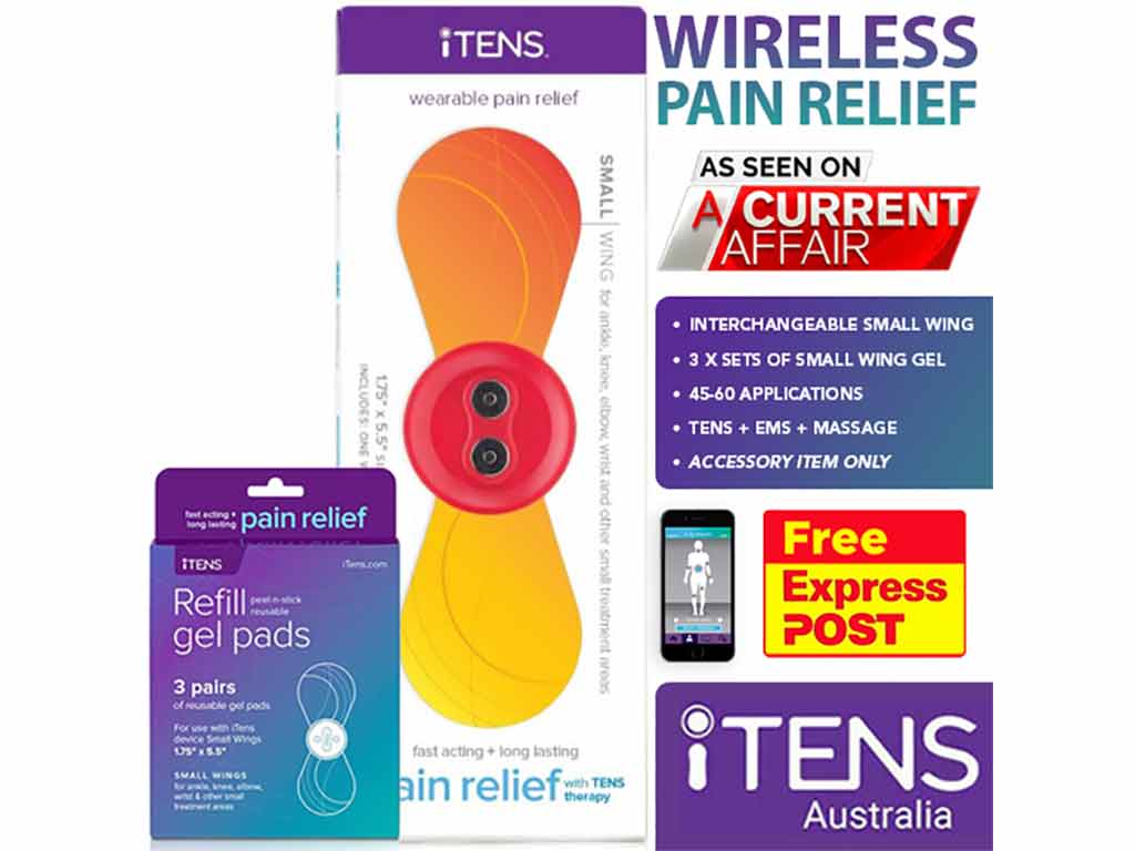 The packaging contains a wireless TENS machine showcasing its features.