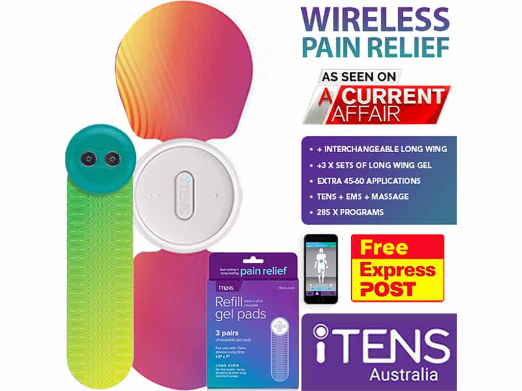 A wireless small and long wing iTENS and refill gel pads