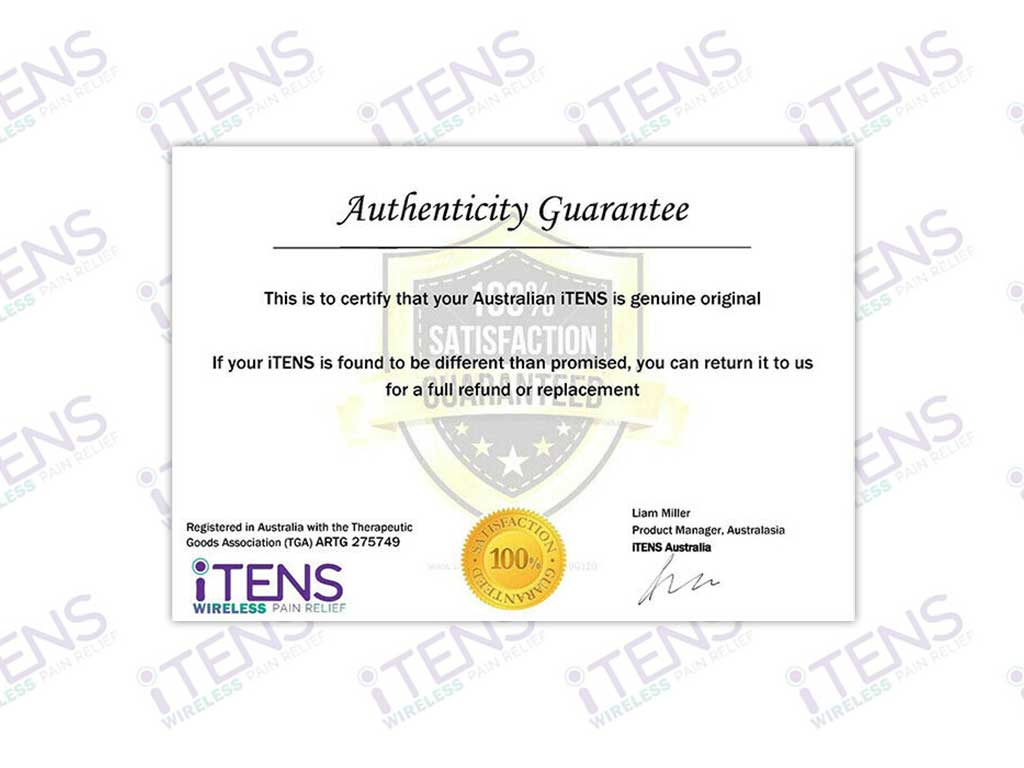 An authenticity guarantee certificate of iTENS Australia