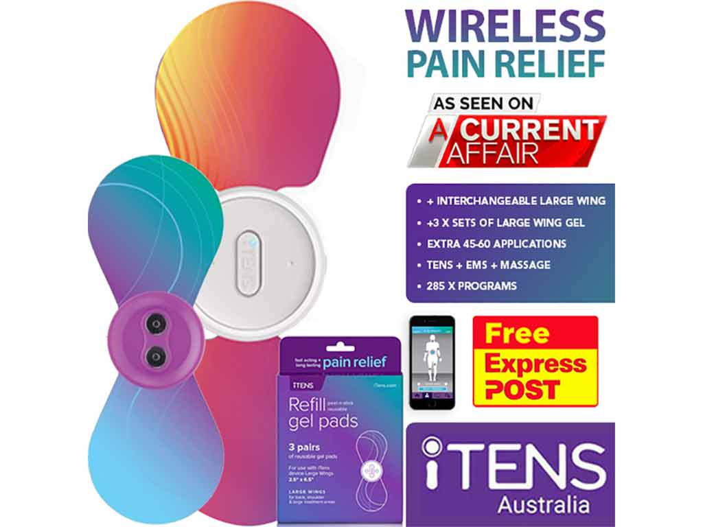 iTENS wireless TENS machine in small and large wings and refill pads