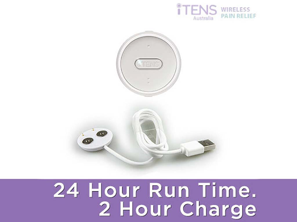 An iTENS device with USB charging cable.