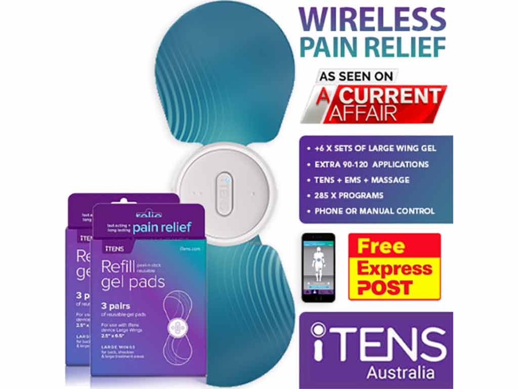 A large wing iTENS electrode and refill gel pads with features listed beside it