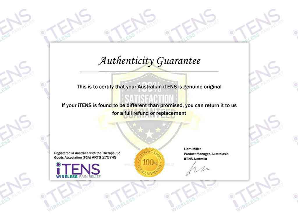 A certificate authenticating an iTENS product