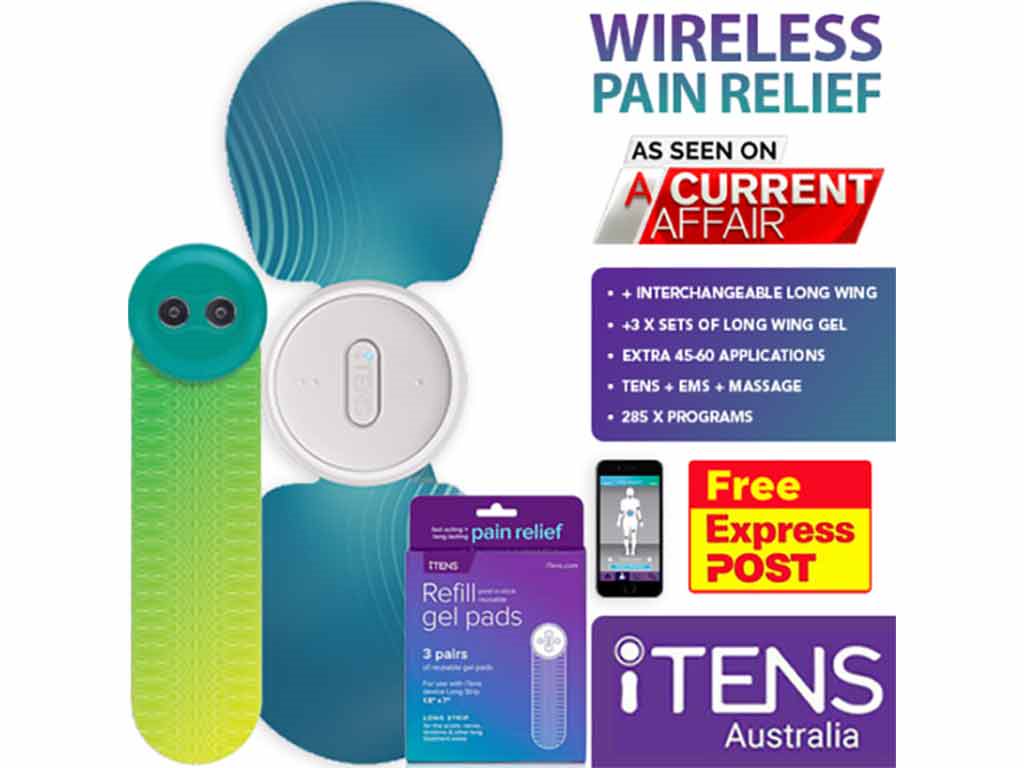 Bundle of iTENS wireless TENS machine including large wings, interchangeable long wings, and refill pads