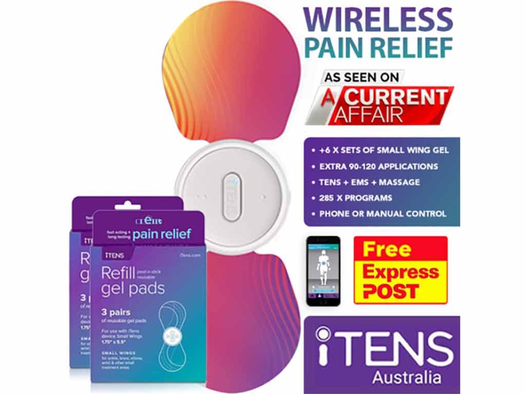 iTENS wireless TENS machine in small wings and two sets of refill pads
