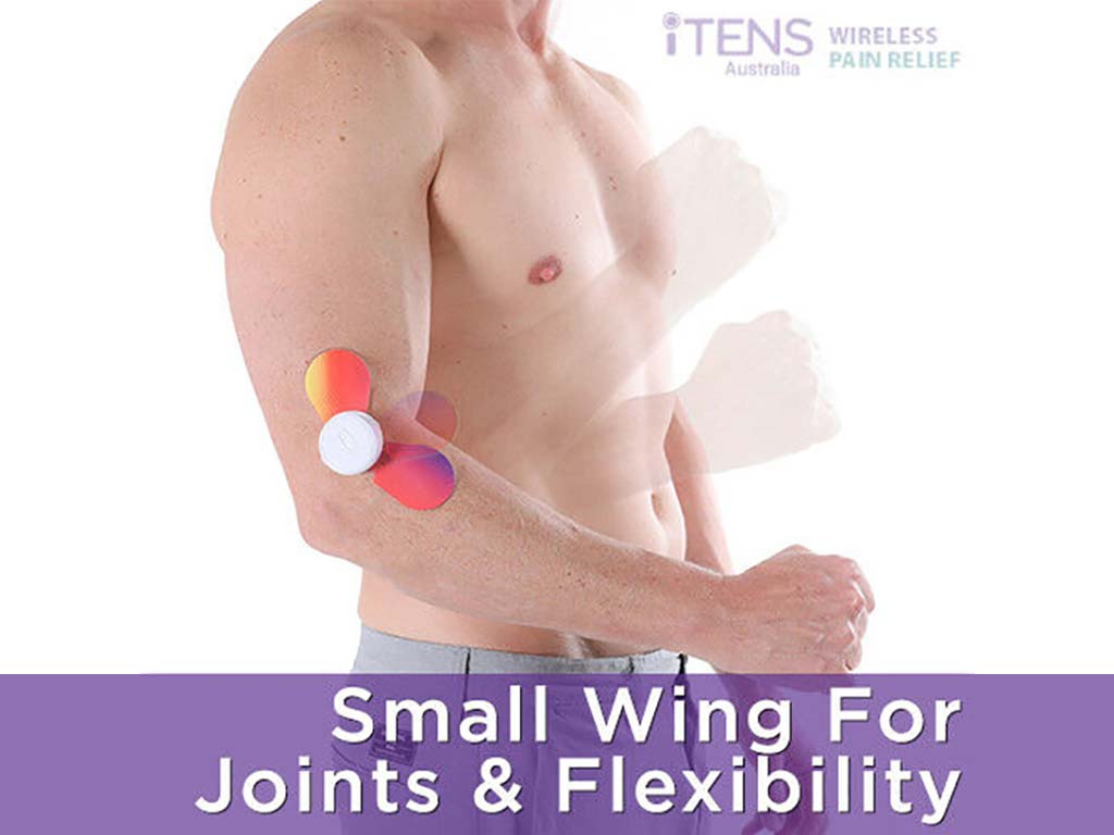 A muscular man using iTENS near his elbow